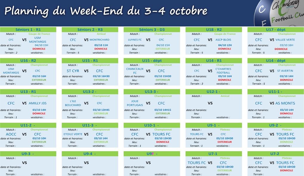 Planning des matchs du CFC : Week-end du 3/4 octobre 2020